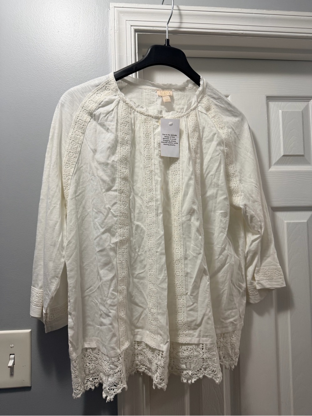 LOGO by Lori Goldstein Cream Crochet-Trim Peasant Blouse